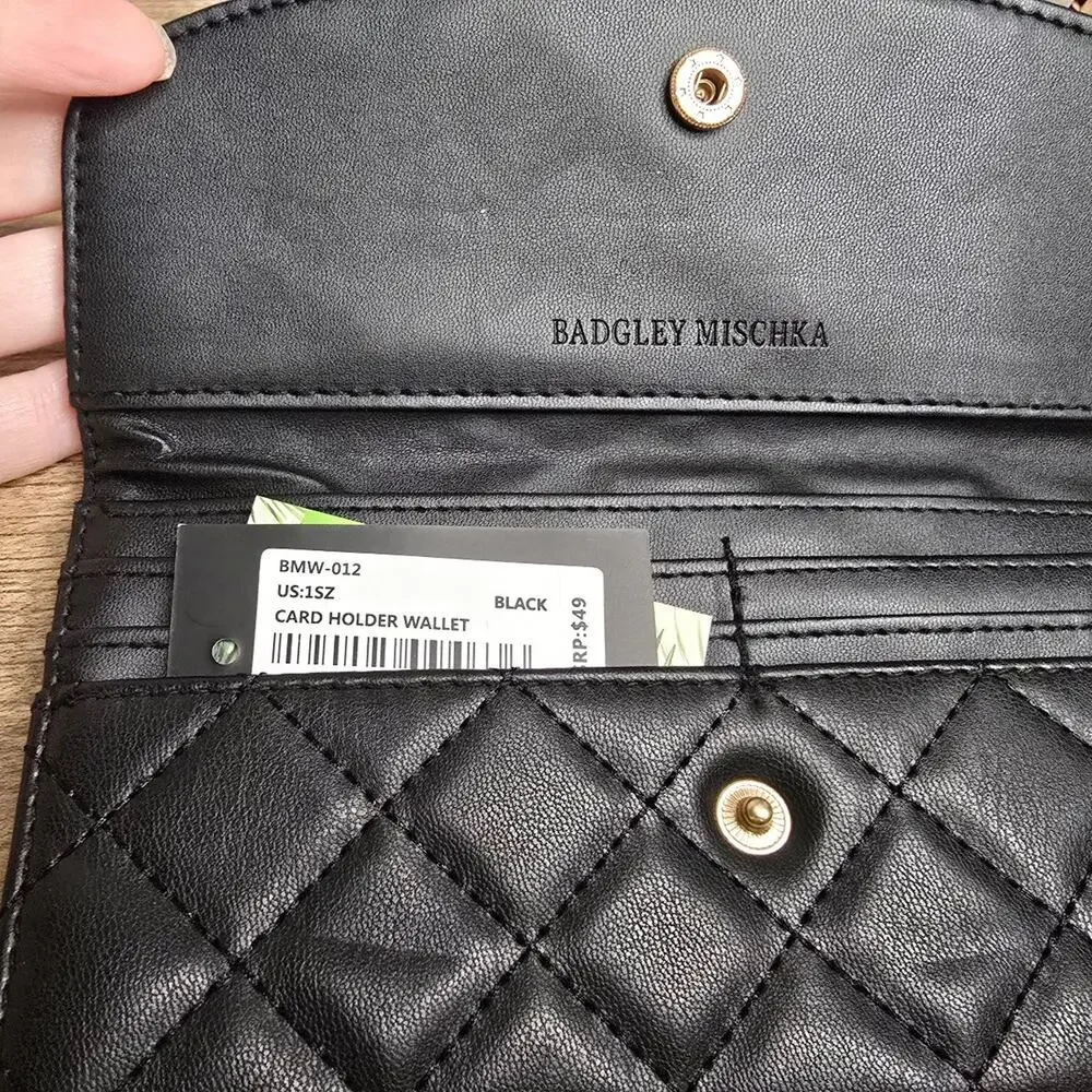 NEW Badgley Mischka Black Long Wallet Diamond Quilted Vegan Leather NWT! - Picture 2 of 4